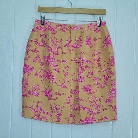 NWOT Talbots Sz 10 Petite 100% Silk Peach Pencil Skirt Pink Peacock Floral Print - Picture 4 of 11